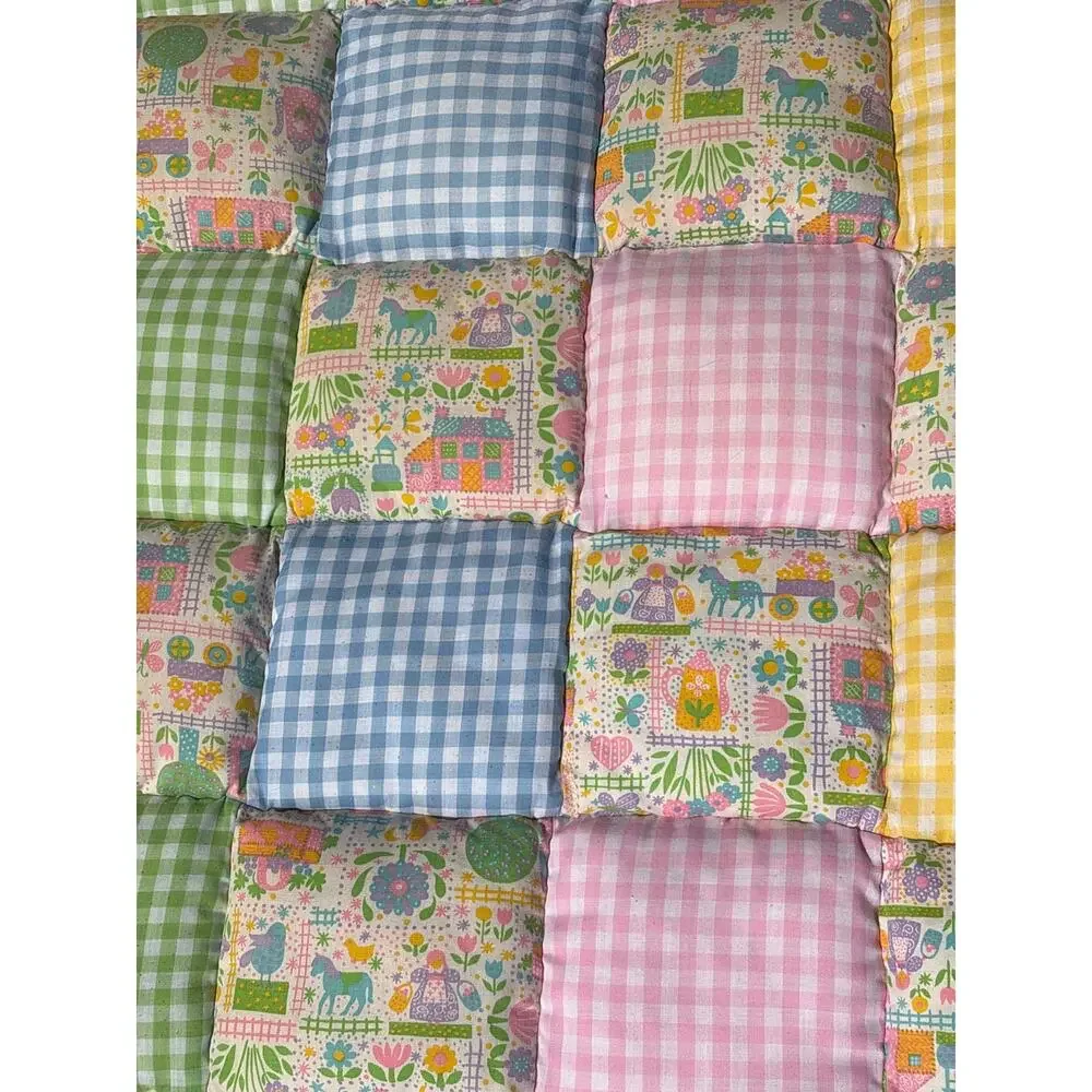 Vintage Handmade 55”x85” Puff Square patchwork quilt blanket large throw checker